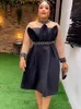 Etniska kläder M-5XL Black African Evening Midi Dresses for Women Plus Size Robe High midja En linje Pleat Autumn Fashion Födelsedagsklänningar 2023