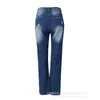 Jesień dżinsów damskich 2023 Vintage luźne zryte wydrukowane wydrukowane swobodne przycisk Mid-Pistmen Dżinsowe spodnie z prostymi nogami