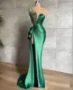 Mermaid Evening Dresses For African Women Long Sexy Side High Split Shiny Beads Sleeveless Formal Party Illusion Prom Party Gowns Plus Size