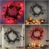 Andere Event Party Supplies Halloween Kranz Fledermaus Schwarz Zweig Kränze mit rotem LED-Licht 45 cm für Türen Fenster Blumengirlande Dekoration Dhk1O