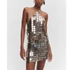 Casual Dresses Female Silver Backless Halter Sequin Disc Chainmail Mini Cocktail Night Club Party Dress with Metallic Discs