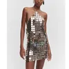 Robes décontractées Femme Silver Dos nu Halter Sequin Disc Chainmail Mini Cocktail Night Club Robe de soirée avec des disques métalliques