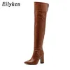 Botas EilyKen patrón de invierno botas de mujer moda punta estrecha cremallera tacones altos gruesos vaquero occidental sobre los zapatos de la rodilla 231007