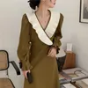 Casual Jurken 2023 Fall Koreaanse Lange Jurk Vrouwen V-hals Ruches Mouw Vestidos Vrouwelijke Losse Taille A-lijn Oversized C004