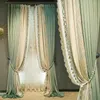 Gardin fransk lyxvilla sammet tyg gardiner grön europeisk broderi sömmar spetsgolv för vardagsrum