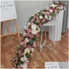 Ghirlande di fiori decorativi Rosa bianca Ortensia Grande palla Piante verdi artificiali Fiore Fila Runner Sfondo Decor Parete floreale Festa Dhp8U