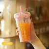 Кружки Ins Bubble Tea Cup Портативный стакан с соломой Пластиковые кофейные чашки с крышкой Прозрачная бутылка для воды 231007