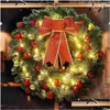 Decorative Flowers Wreaths Christmas Wreath With Led Light Glowing Xmas 30/40Cm Pine Needle Bowknot Festive Garlands For Indoor Drop D Dhrqe