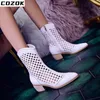 Boots White Mesh Boots Hollow Short Boots Women Summer Mid-heel Cool Boots Breathable Boots Pointed Toe Western Cowboy Boots 231007