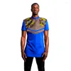Этническая одежда, королевские синие мужские рубашки, воротник-стойка, лоскутные топы с коротким рукавом, принт Naija, африканская модная мужская праздничная одежда