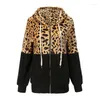 Women's Hoodies Leopard Print Zip-up Plush Coat Ladies' Cardigan Hooded Sweatshirt Color Block Office Female Autumn Wint