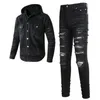 2023 Tracksuits Punk Street Men's Black 2pcs Jeans Sets Spring Hooded Denim Jacket and Ripped Patch Stretch Pants Vintage Men278G