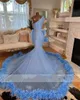 Blå fjädrar Crystal Mermaid Black Girls Prom Formal Dresses Party Gowns Long Sleeve African Robes de Soiree