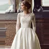 New Sheer Long Sleeves A Line Wedding Dresses Lace Appliques Beaded Bridal Gowns Formal Long Garden Robe De Marriage satin Custom Plus Size Sheer Neck Bridal Gowns