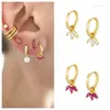 Hoop Earrings 925 Sterling Silver Needle Three Zircon Flower Pendant For Women White/Rose Red Crystal Fashion Jewelry