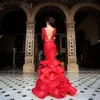 Vestidos de noite vermelho vestido de festa de baile sem costas formal plus size sereia zíper rendas até novo personalizado manga longa cetim bateau renda