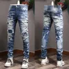 Jeans con dettagli a punto dipinto Pantaloni da uomo in denim vintage con gamba slim effetto invecchiato maschio2933