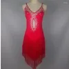 Stage Wear Latin Dance Fringe Robe Femme Gland Sexy Strass Salle de bal Tango Salsa Costume Rouge Noir Performance