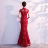 Podstawowe sukienki swobodne koronkowe syrena chińska dama Cheongsam długa, elegancka sukienka duża rozmiar 3xl vintage czerwona panna młoda ślub Qipao 231006