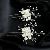 Hair Clips White Floral Pins Bridal Tiaras Porcelain Flower Wedding Headpiece Handmade Women Accessories Pearls Jewelry