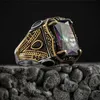 Trouwringen Retro Handgemaakte Turkse Zegelringen Voor Mannen Oud Zilver Kleur Gesneden Eagle Ring Mystic Zirkoon Inlay Punk Motor Biker Ring 231007