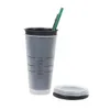 Tasses Tasse à café avec paille et couvercle 710ML réutilisable de qualité alimentaire PP changement de couleur gobelet eau froide tasse en plastique transparent pour voyager 231007