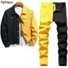 新しいトラックスーツ2色のステッチメンズセット春の秋の黄色と黒のデニムジャケットとストレッチジーンズ2pcs男性クロスイン258k