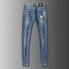 Spring Summer Brand Jeans Men's Elastic Korean Version Slim Fitting Feet Golden Horse Printed Blue Pants226C