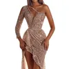 Casual Dresses Sexig One Shoulder Sequin Dress Evening Party Women Elegant Solid High Split Backless Wedding Prom Long Maxi 2022318Q