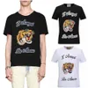 T-shirt da uomo testa di tigre ricamo lettera maglietta cotone elasticizzato maniche corte slim fit stile top maschile girocollo236V