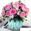 Decorative Flowers Wreaths 32Cm Rose Pink Silk Bouquet Peony Artificial 5 Big Heads 4 Small Bud Bride Home Decoration Fake Faux Drop D Dhiku