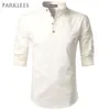 Chemise blanche hommes retroussés manches hommes chemises habillées coupe ajustée coton lin homme chemise décontracté Henley chemise Camisa Masculina 210325312V