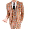 Conjunto de traje de tres piezas para hombre, chaqueta, pantalones, chaleco, naranja, ajustado, estilo británico, de gama alta, talla grande, chaqueta a cuadros, abrigo, pantalones Men306F