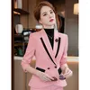 Kvinnors tvåbitar byxor Pink Suit Coat for Women Autumn Winter Celebrity Professional Temperament 2 Set Business Blazer Jacket