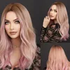 Perucas de fechamento de renda moda peruca no cabelo longo encaracolado ondas grandes gradiente rosa rede fibra química senhoras peruca cabeça cheia capa