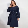 Casual Kleider Herbst Plus Größe Lose Frau Navy Abend Mit Knopf Langarm Plissee Swing Kleid