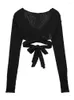 Kvinnors tröjor tunna stickade mode svart sexig snörning för midja chic korta toppar v-ringning långärmad kofta