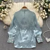 Women's Blouses Vintage Chinese Chic Style Silky Satin Blouse Woman Long Sleeve Shirt Autumn Embroidery Strap Loose Casual Top
