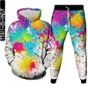 Fatos masculinos feminino preto branco colorido arte graffiti pintura impressão 2 pcs conjuntos homens hoodies calças terno treino mulheres roupas casuais