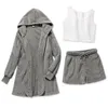 Kvinnors tvådelade byxor tre stycken sexiga fluffiga kläder plysch sammet huva cardigan coatshortscrop topp kvinnor träning sets casual sports tröjor 231007