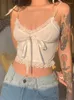 Women's Tanks Lace Trim Crop Top Aesthetic White Bow Cute Sweet Mini Vest Knitted Basic Casual Tee Women Summer Backless Street Style