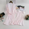 Mulheres Sleepwear Twinset Kimono Robe Vestido Terno Mulheres 2 PCS Bathrobe Strap Nightgown Set Verão Cetim com Lace Hollow Out Loungewear