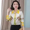 Vintage Bedrukte Zijde Satijn Witte Shirts Herfst Winter Dames Designer Klassieke Revers Casual Button Up Blouses 2023 Kantoor Dames Grafische Shirt Met Lange Mouwen Runway Tops