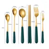 Dinnerware Sets Golden Green Cutlery Set With Ceramic Handle Stainless Steel Chopsticks Spoon Knife Fork Teaspoon Tableware Utensils For