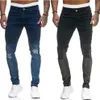 2 couleurs couleur unie jean moulant trou nouveau jean pour hommes lavé coupe ajustée jean extensible pantalon Hip Hop pantalon crayon pour Male246E