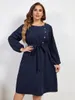 Casual Kleider Herbst Plus Größe Lose Frau Navy Abend Mit Knopf Langarm Plissee Swing Kleid