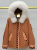 Parkas femininas de pele feminina, sobretudo quente de inverno 2023, cor contrastante, gola removível, forro rex, casacos amassados