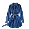 Blusas femininas vintage solto denim outono camisa feminina gola polo manga longa único breasted bolso cinto moda harajuku midi blusa