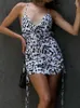 Casual Dresses Swing Neck Sleeveless Drawstring Design Back Criss-Cross Straps Mini Ruched Summer Sexy Printing Pullover Strappy