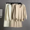 Women's Two Piece Pants Thick Fabric Knitted Set Full Sleeves Sweater And Trouser Khaki Color Loose Tops Leg 2 Sets